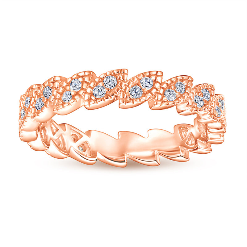 S925 Sterling Silver Leaf-Inspired Stackable Ring - Elegant Pavé Zirconia Band