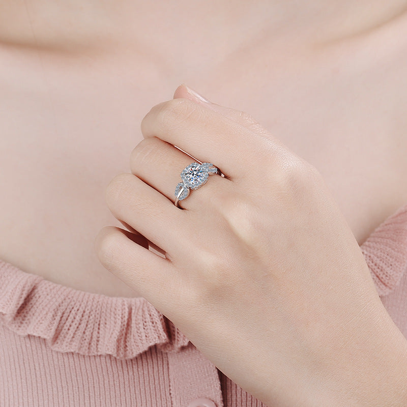 S925 Sterling Silver Leaf Design Moissanite Ring PT950 Plated Nature-Inspired Women's Jewelry