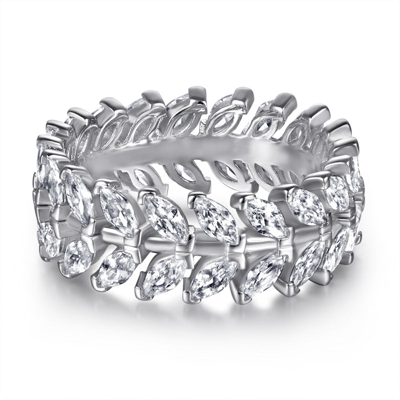 S925 Sterling Silver Leaf Eternity Band - Full Pavé Zirconia Nature-Inspired Ring