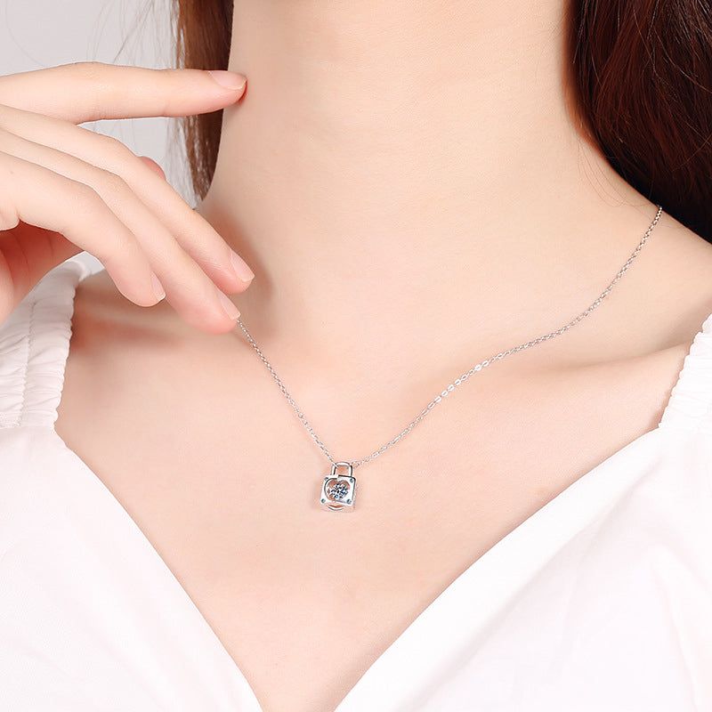 S925 Sterling Silver Lock & Key Pendant Necklace - 0.3CT Moissanite Love Symbol Chain