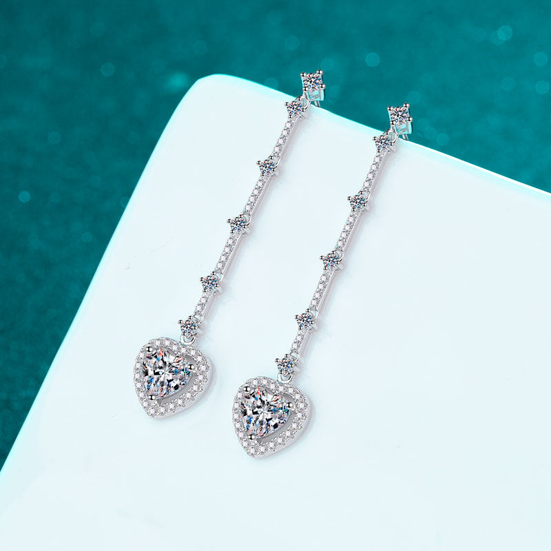S925 Sterling Silver Long Tassel Drop Earrings - Heart-Shaped with 2CT Moissanite & Floral Motifs