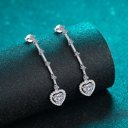 S925 Sterling Silver Long Tassel Drop Earrings - Heart-Shaped with 2CT Moissanite & Floral Motifs