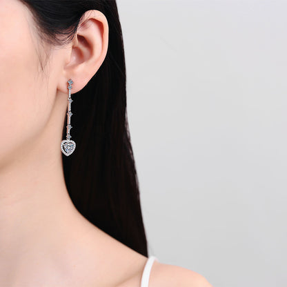 S925 Sterling Silver Long Tassel Drop Earrings - Heart-Shaped with 2CT Moissanite & Floral Motifs