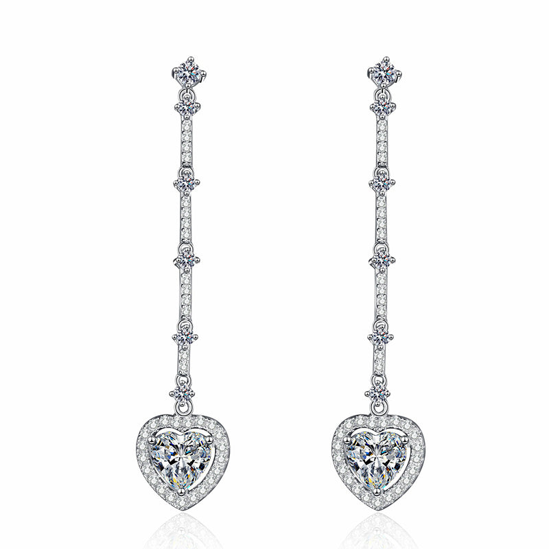 S925 Sterling Silver Long Tassel Drop Earrings - Heart-Shaped with 2CT Moissanite & Floral Motifs