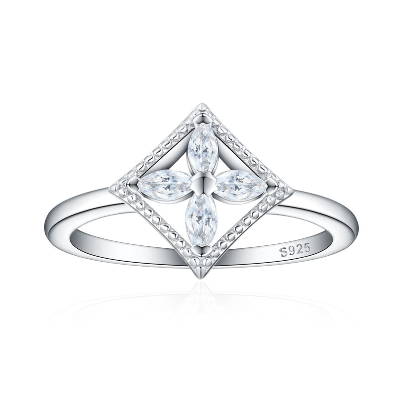 S925 Sterling Silver Marquise Clover Ring - Minimalist Geometric Zirconia Jewelry