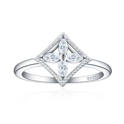 S925 Sterling Silver Marquise Clover Ring - Minimalist Geometric Zirconia Jewelry