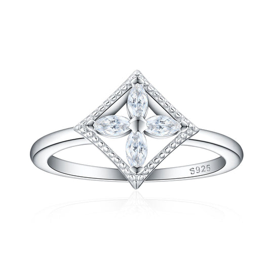S925 Sterling Silver Marquise Clover Ring - Minimalist Geometric Zirconia Jewelry