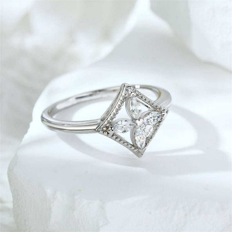S925 Sterling Silver Marquise Clover Ring - Minimalist Geometric Zirconia Jewelry