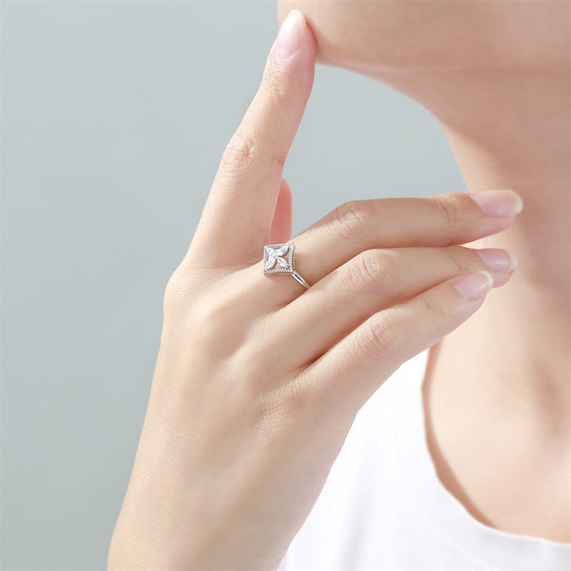 S925 Sterling Silver Marquise Clover Ring - Minimalist Geometric Zirconia Jewelry