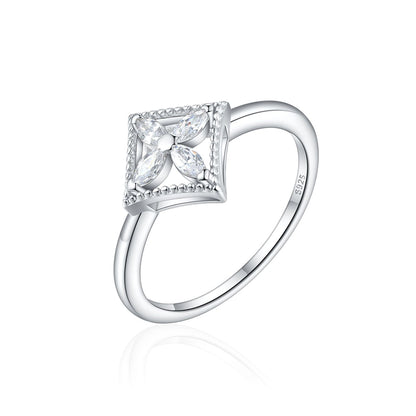 S925 Sterling Silver Marquise Clover Ring - Minimalist Geometric Zirconia Jewelry