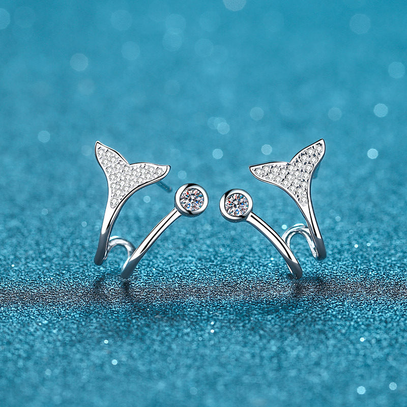 S925 Sterling Silver Mermaid Tail Drop Earrings - PT950 Gold Plated with 0.42CT Moissanite