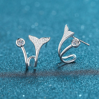 S925 Sterling Silver Mermaid Tail Drop Earrings - PT950 Gold Plated with 0.42CT Moissanite