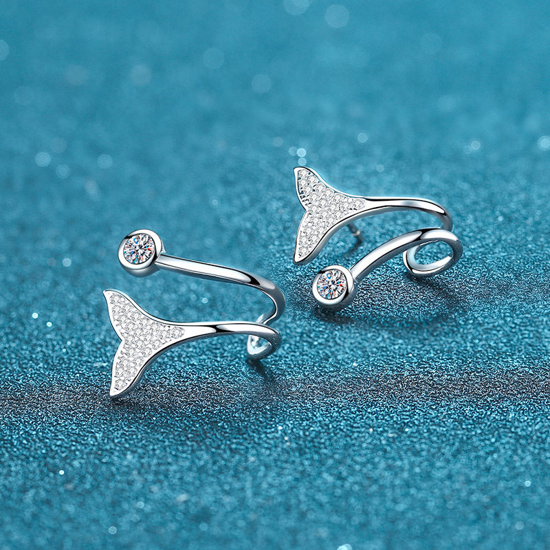 S925 Sterling Silver Mermaid Tail Drop Earrings - PT950 Gold Plated with 0.42CT Moissanite
