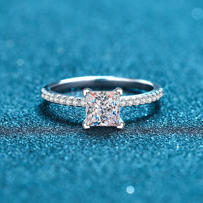 S925 Sterling Silver Micro-Pave Princess Cut Ring | 1-2ct Square Moissanite Four-Prong Setting