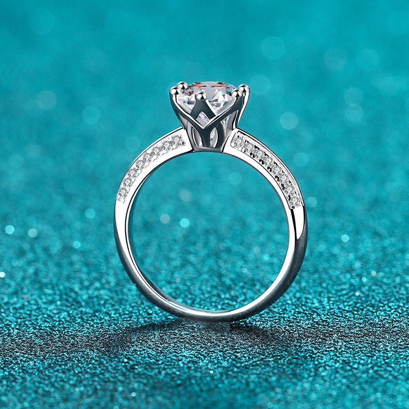 S925 Sterling Silver Micro-Pavé Six-Prong Moissanite Crown Ring with Lucky Motifs