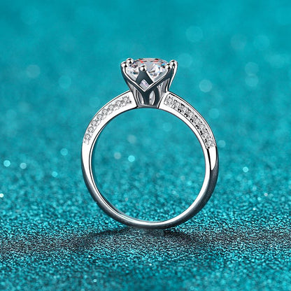 S925 Sterling Silver Micro-Pavé Six-Prong Moissanite Crown Ring with Lucky Motifs
