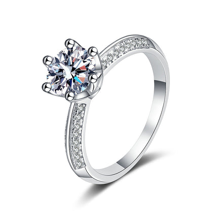 S925 Sterling Silver Micro-Pavé Six-Prong Moissanite Crown Ring with Lucky Motifs