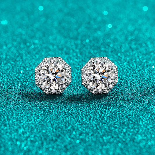 S925 Sterling Silver Octagonal Moissanite Stud Earrings - 2CT Modern Geometric Jewelry