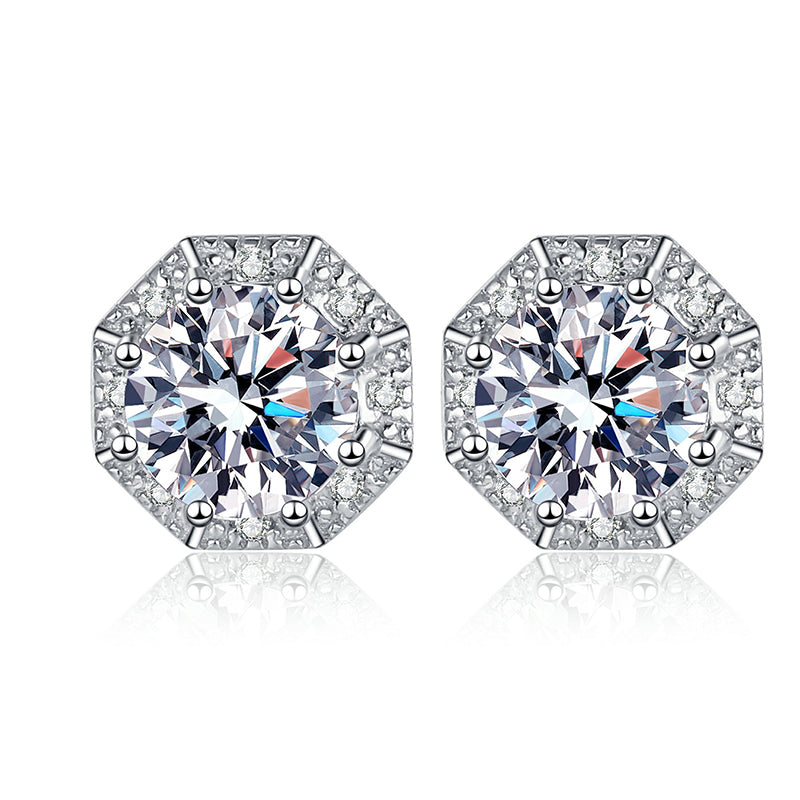 S925 Sterling Silver Octagonal Moissanite Stud Earrings - 2CT Modern Geometric Jewelry
