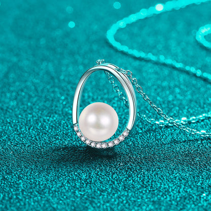 S925 Sterling Silver Oval Pendant Necklace - 0.096CT Moissanite & Pearl Elegant Chain