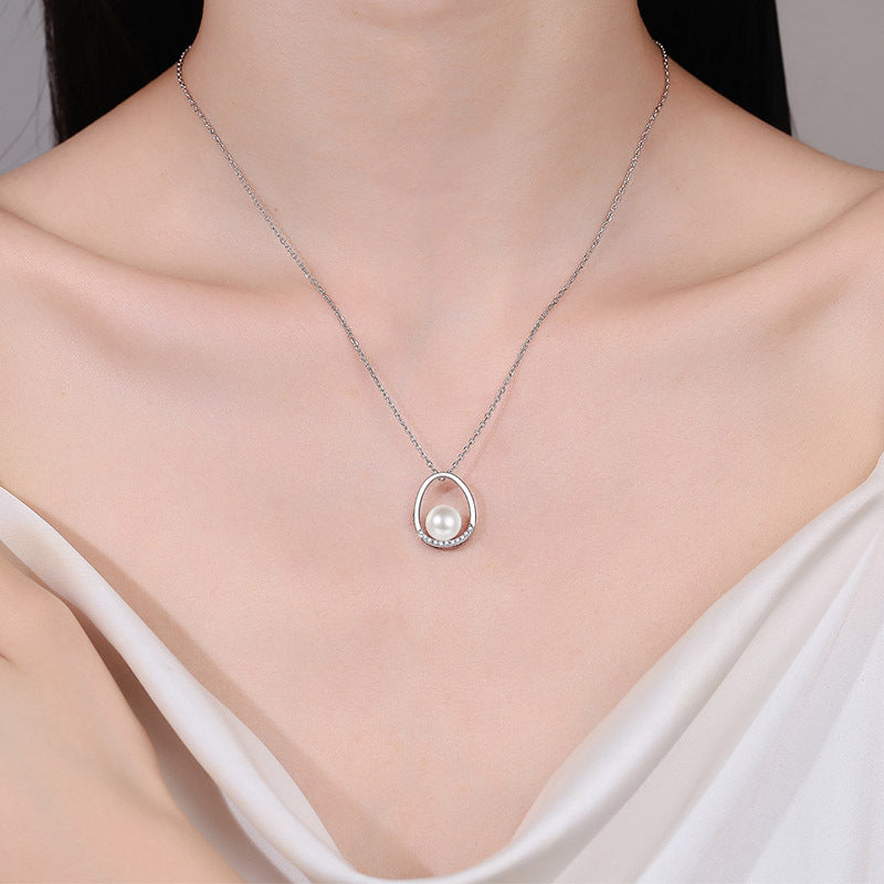 S925 Sterling Silver Oval Pendant Necklace - 0.096CT Moissanite & Pearl Elegant Chain