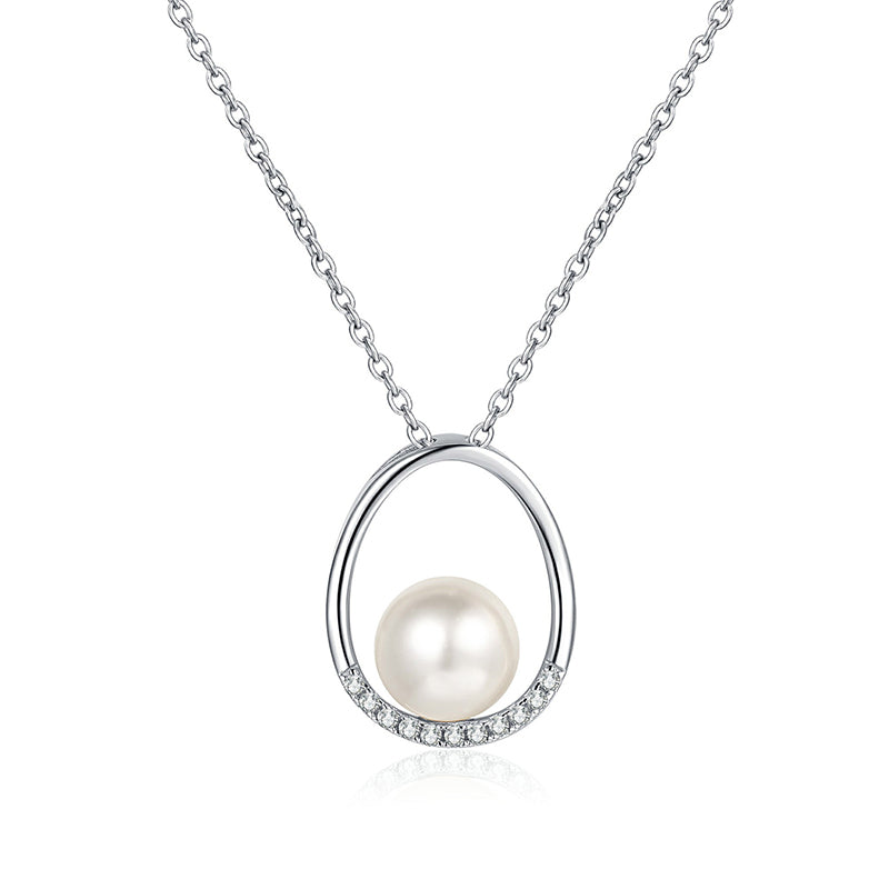 S925 Sterling Silver Oval Pendant Necklace - 0.096CT Moissanite & Pearl Elegant Chain