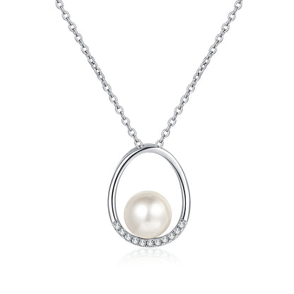 S925 Sterling Silver Oval Pendant Necklace - 0.096CT Moissanite & Pearl Elegant Chain