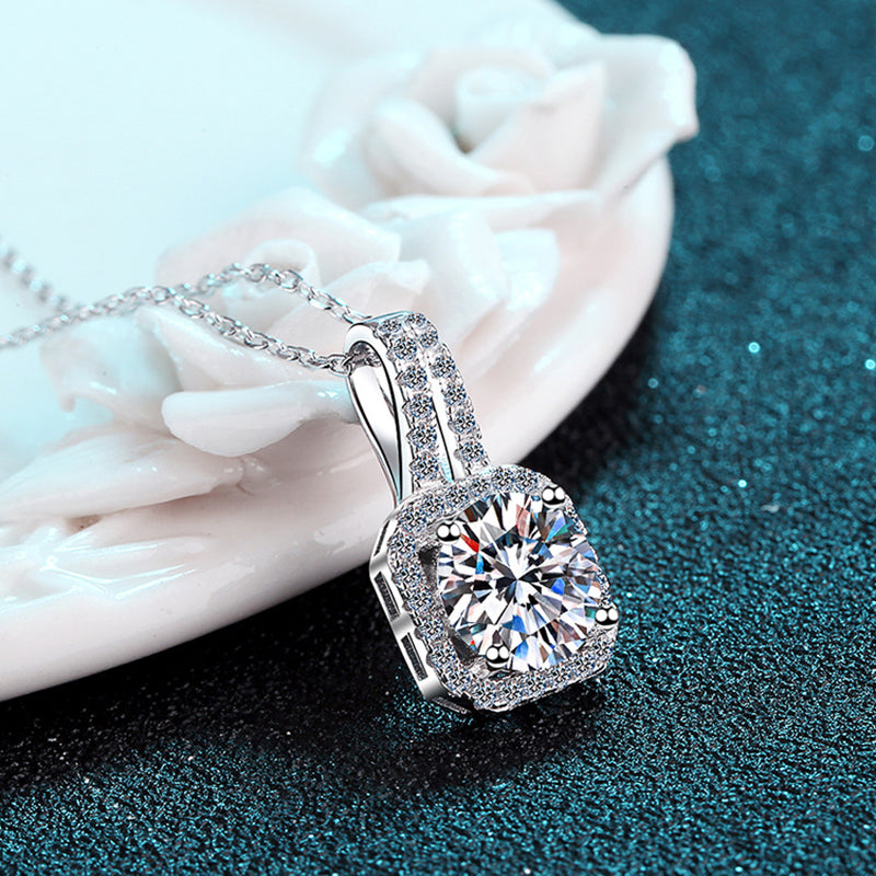 S925 Sterling Silver PT950-Plated Four-Prong Pendant Necklace - 0.5CT-2CT Moissanite Sachet Charm Collarbone Chain