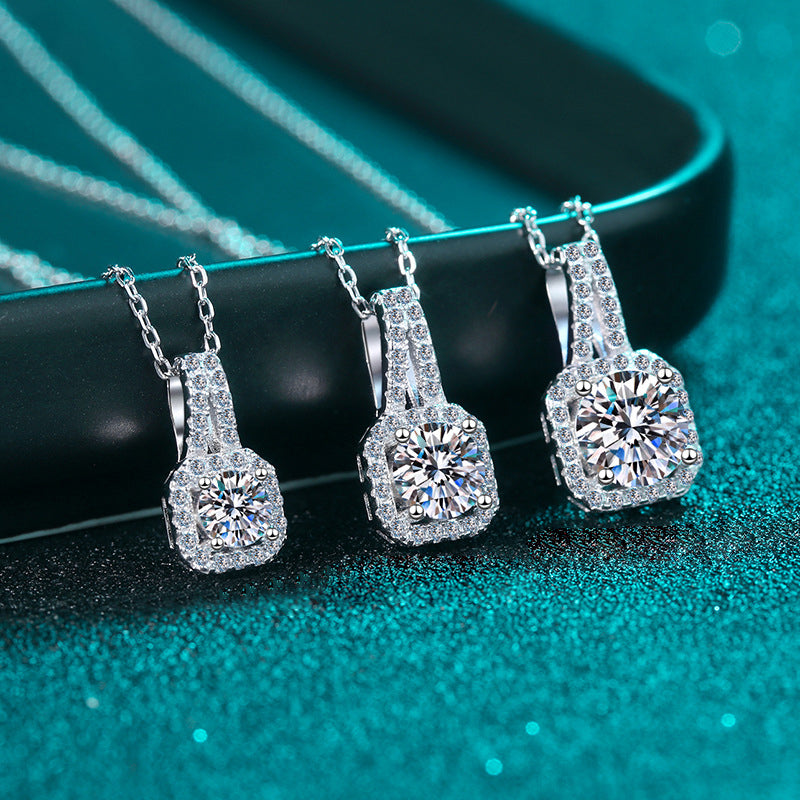 S925 Sterling Silver PT950-Plated Four-Prong Pendant Necklace - 0.5CT-2CT Moissanite Sachet Charm Collarbone Chain