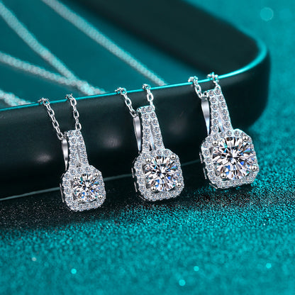 S925 Sterling Silver PT950-Plated Four-Prong Pendant Necklace - 0.5CT-2CT Moissanite Sachet Charm Collarbone Chain