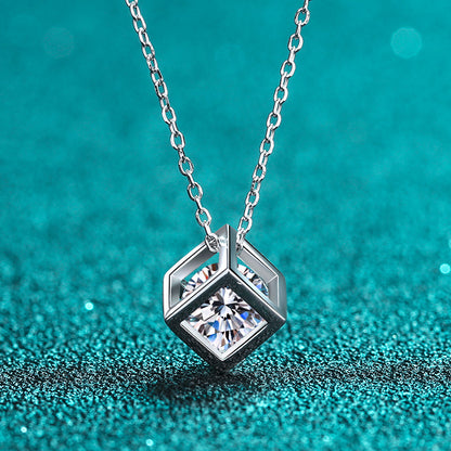 S925 Sterling Silver PT950-Plated Square Pendant Necklace - 0.5CT/1CT Moissanite Geometric Choker