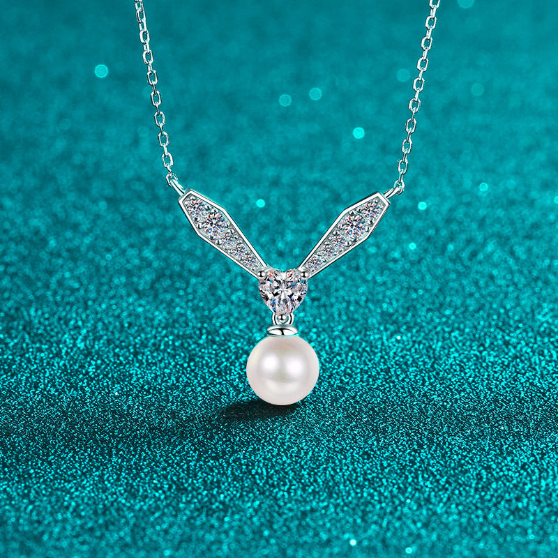 925 Sterling Silver PT950-Plated Phoenix Necklace - 77-Point Moissanite & 8mm Pearl Elegant Statement Choker