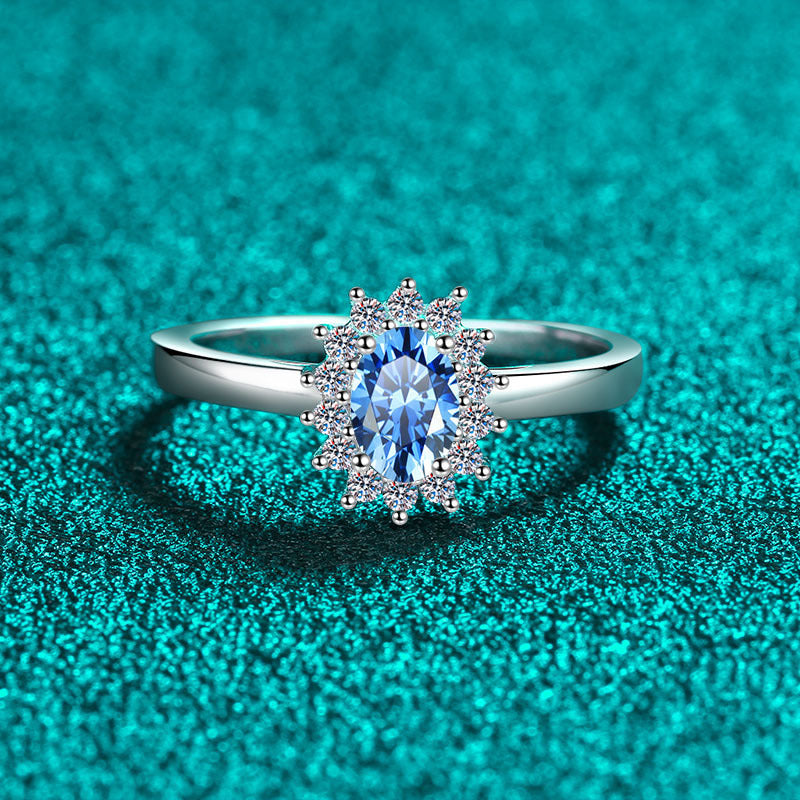 S925 Sterling Silver PT950 Gold Plated 0.50ct Blue Moissanite "Pigeon Egg" Ring with Avocado Motif