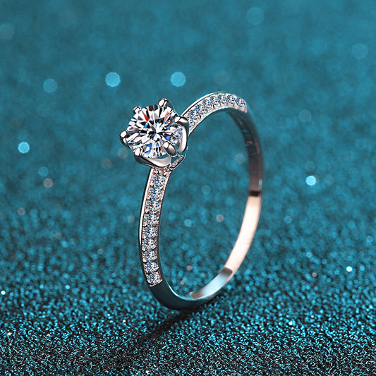 S925 Sterling Silver PT950 Gold Plated 0.50ct Moissanite Half Eternity Crown Ring with Camellia Motif