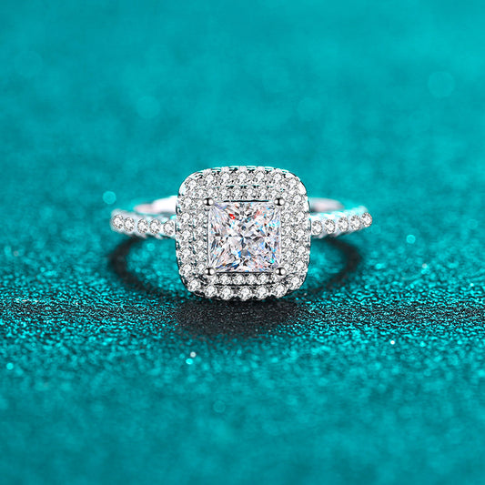 S925 Sterling Silver PT950 Gold Plated 1ct Princess Cut Moissanite Ring with Floral & Swastika Motifs