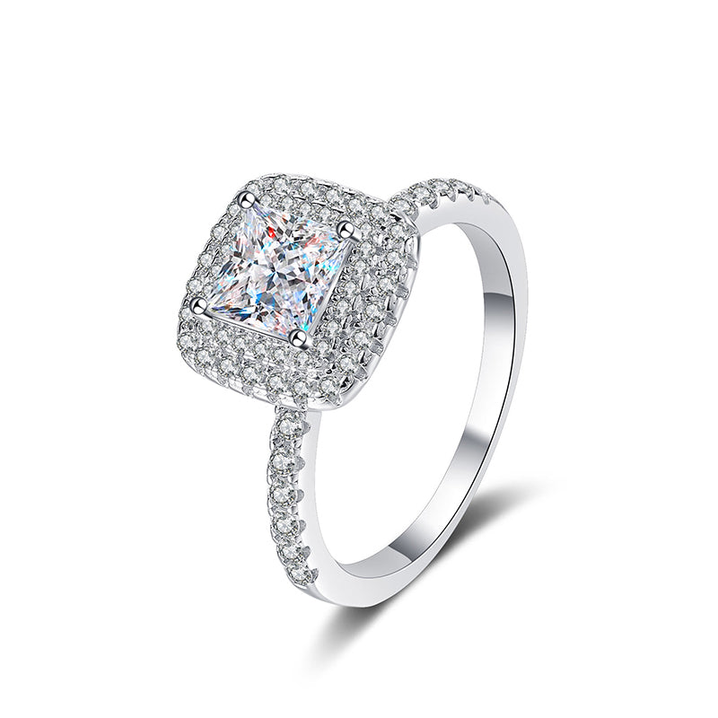 S925 Sterling Silver PT950 Gold Plated 1ct Princess Cut Moissanite Ring with Floral & Swastika Motifs