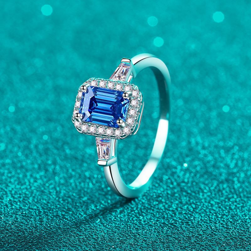 S925 Sterling Silver PT950 Gold Plated Blue Moissanite Ring with Celestial Motifs