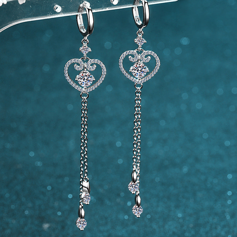 S925 Sterling Silver PT950 Gold Plated Heart Tassel Drop Earrings - 1CT Moissanite with Cherry & Persimmon Motifs