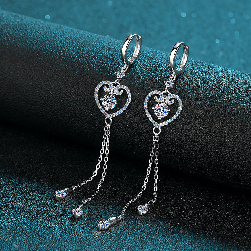 S925 Sterling Silver PT950 Gold Plated Heart Tassel Drop Earrings - 1CT Moissanite with Cherry & Persimmon Motifs