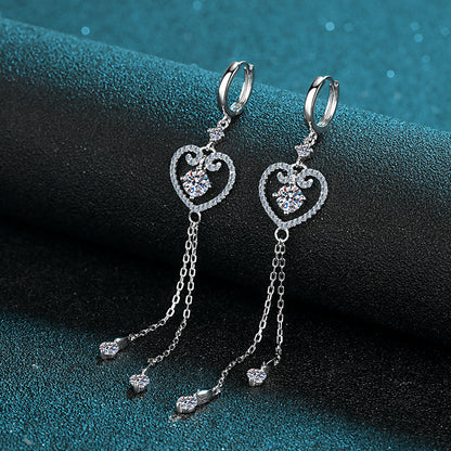 S925 Sterling Silver PT950 Gold Plated Heart Tassel Drop Earrings - 1CT Moissanite with Cherry & Persimmon Motifs