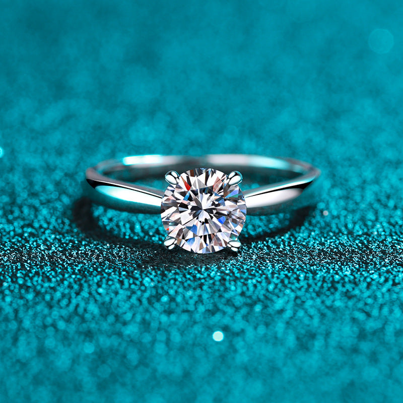 S925 Sterling Silver PT950 Plated Floral Four-Prong Solitaire Ring, Adjustable Moissanite Ring with Nature Motif