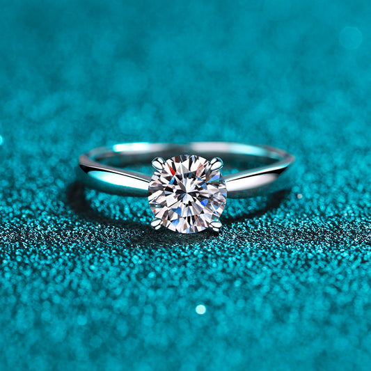 S925 Sterling Silver PT950 Plated Floral Four-Prong Solitaire Ring, Adjustable Moissanite Ring with Nature Motif