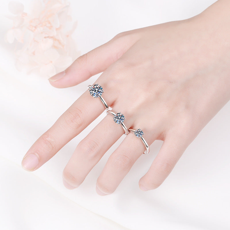 S925 Sterling Silver PT950 Plated Floral Four-Prong Solitaire Ring, Adjustable Moissanite Ring with Nature Motif