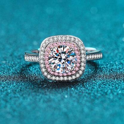 S925 Sterling Silver PT950 Platinum Plated Square-Cut 1ct Moissanite Ring with Fruit Motifs