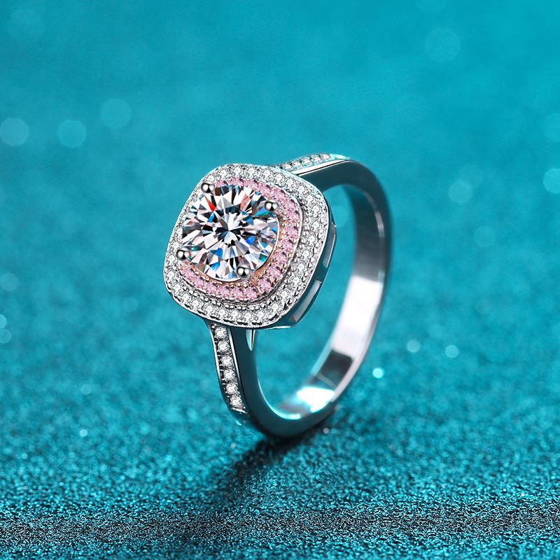 S925 Sterling Silver PT950 Platinum Plated Square-Cut 1ct Moissanite Ring with Fruit Motifs