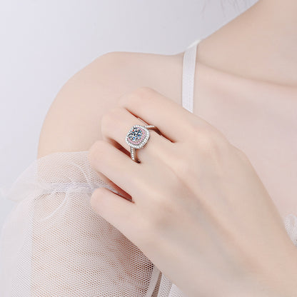 S925 Sterling Silver PT950 Platinum Plated Square-Cut 1ct Moissanite Ring with Fruit Motifs