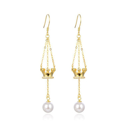 S925 Sterling Silver Pearl Crown Drop Earrings - Korean Style Geometric Dangle Earrings for Women