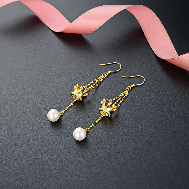 S925 Sterling Silver Pearl Crown Drop Earrings - Korean Style Geometric Dangle Earrings for Women