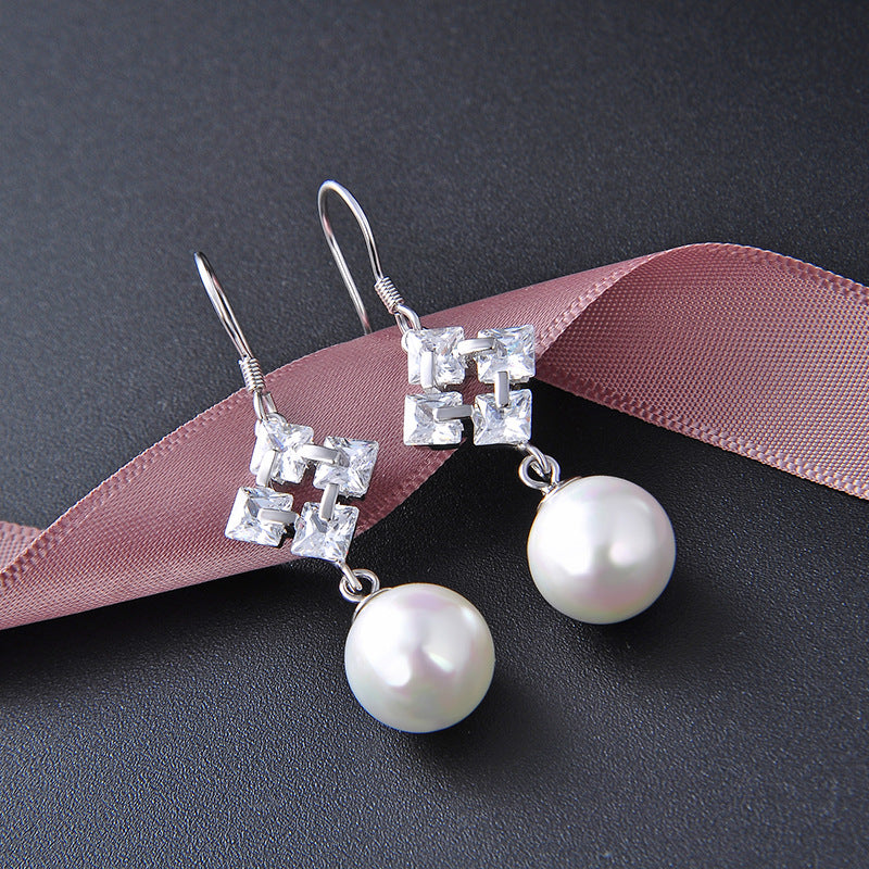 S925 Sterling Silver Pearl Drop Earrings - Korean Style Geometric Circle Dangle Earrings for Women