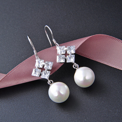 S925 Sterling Silver Pearl Drop Earrings - Korean Style Geometric Circle Dangle Earrings for Women